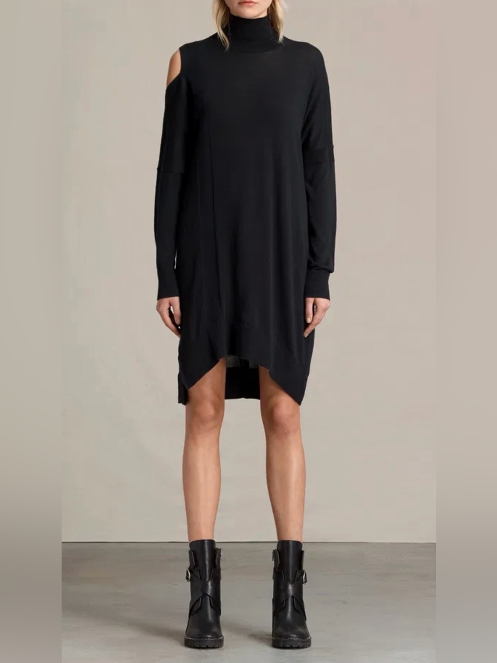 All Saints Black Cecily Knit Midi Sweater Dress with open shoulder, XS